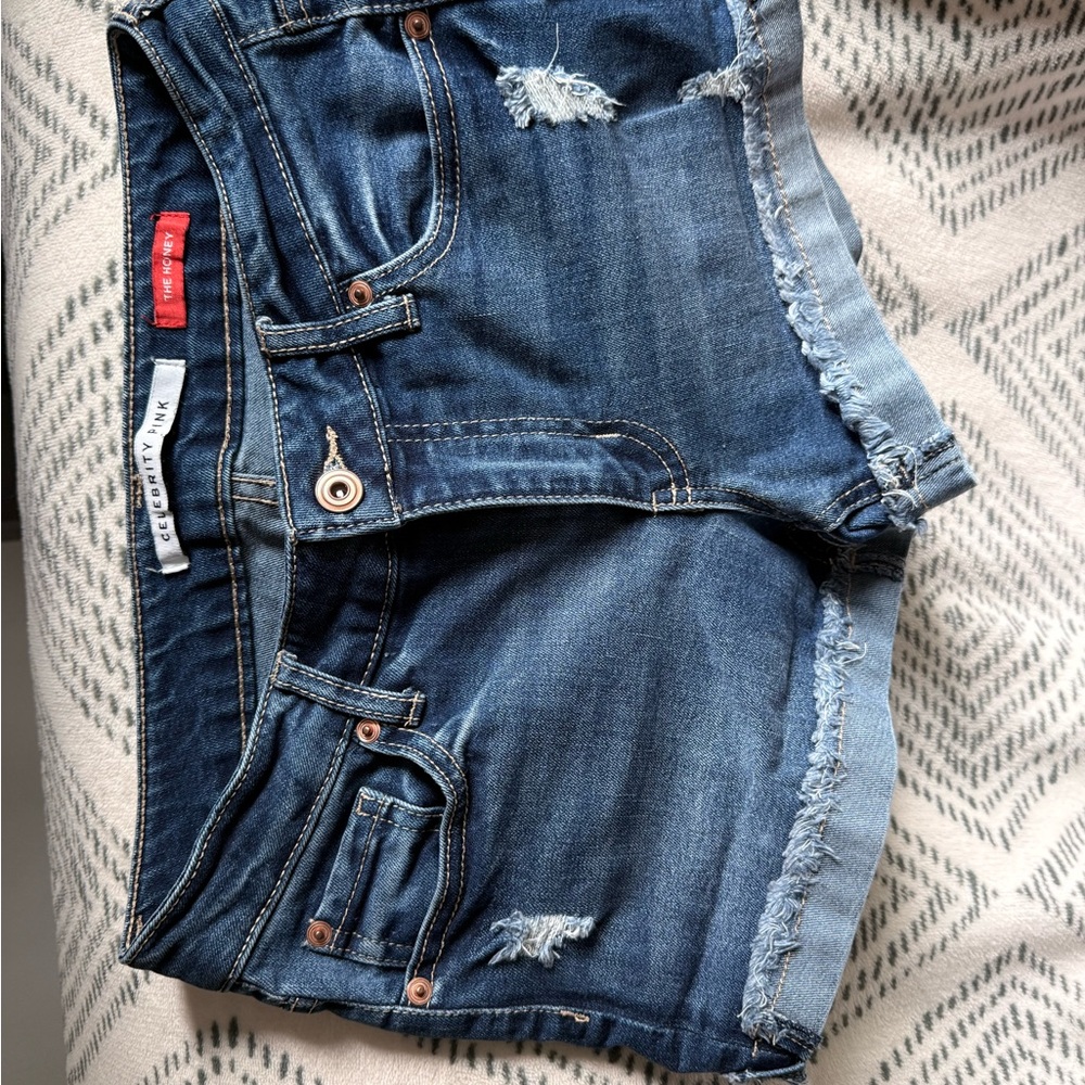 Celebrity Pink Blue Distressed Frayed Denim Shorts